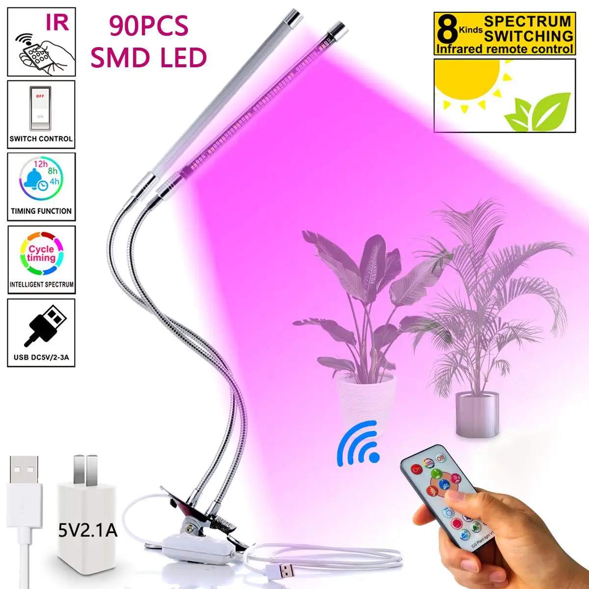 

USB Plant Growth Lights 5V Adjustable 90PCS LED Grow Light Remote Control 45W Flexible Flower Hydroponics System Full Spectrum