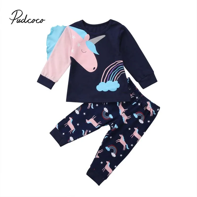 Pudcoco 2Pcs Cartoon Kids Baby Girls 3D Unicorn Long Sleeve Top Blouse+Pants 2018 New Autumn Outfits Tracksuit Pajamas Homewear | Детская