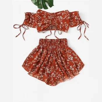 

Off Shoulder Floral Print Top Wide Leg Shorts Set Summer Short Sleeve Women Set 2019 Drawstring Boho Two-Pieces Set