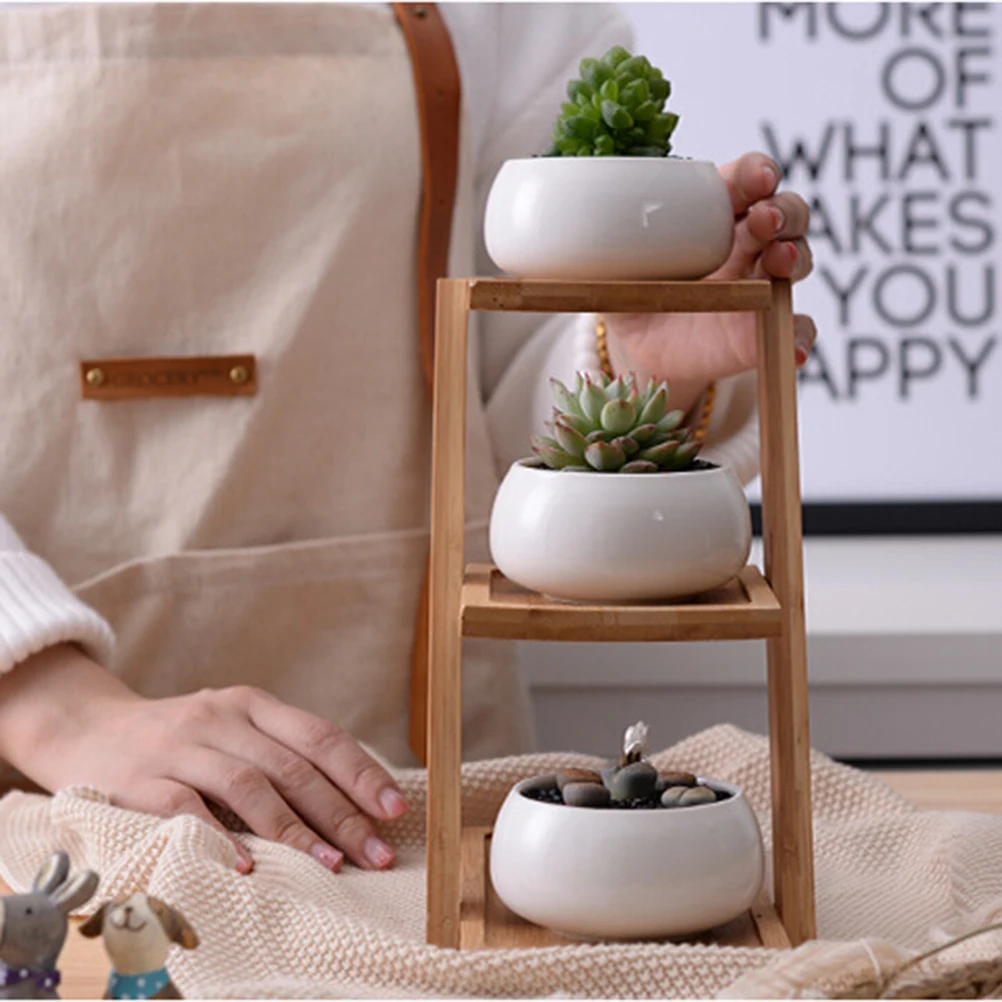 صغيرة جولة الأبيض السيراميك وعاء النبات عصاري الغراس ل عصاري النباتات مع علبة خيزران لغرفة ديكور-مجموعة من 3