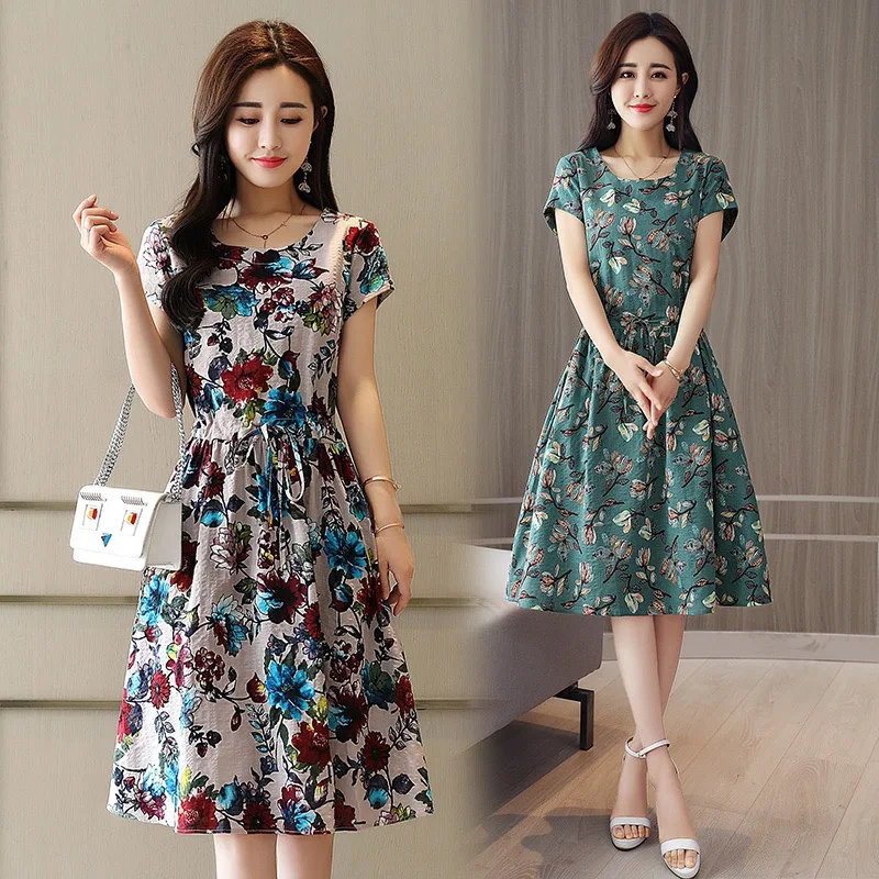 2019 summer new loose shor tsleeve dress casual long printed dresses ...