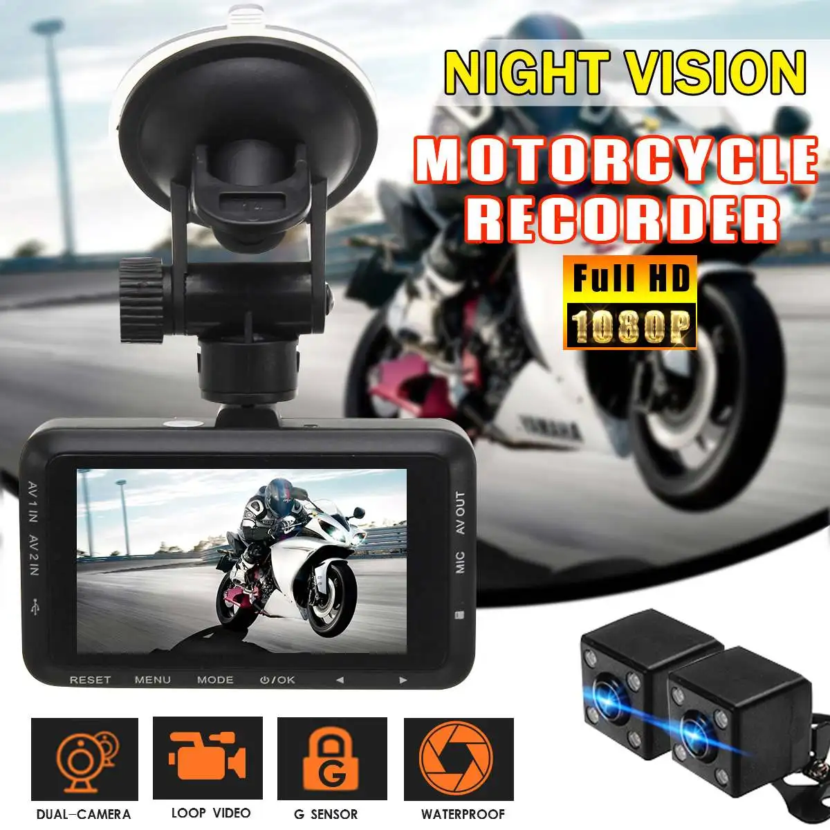 

3.0 Inch 1080P Dual Lens Camera Motorcycle DVR Dash Cam Video Recorder Motorbike DVR Front Rear View Night Vision Waterproof