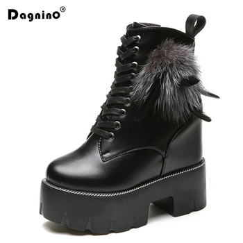

Winter Women Ankle Boots High Top Sneakers Zipper Platform Motorcycle Boots Warm 13CM Wedges Fur Casual Shoes Woman Moccasins