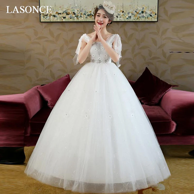 

LASONCE Elegant Flowers Pleat V Neck Lace Ball Gown Wedding Dresses Crystal Sash Tank Sequined Backless Bridal Dress