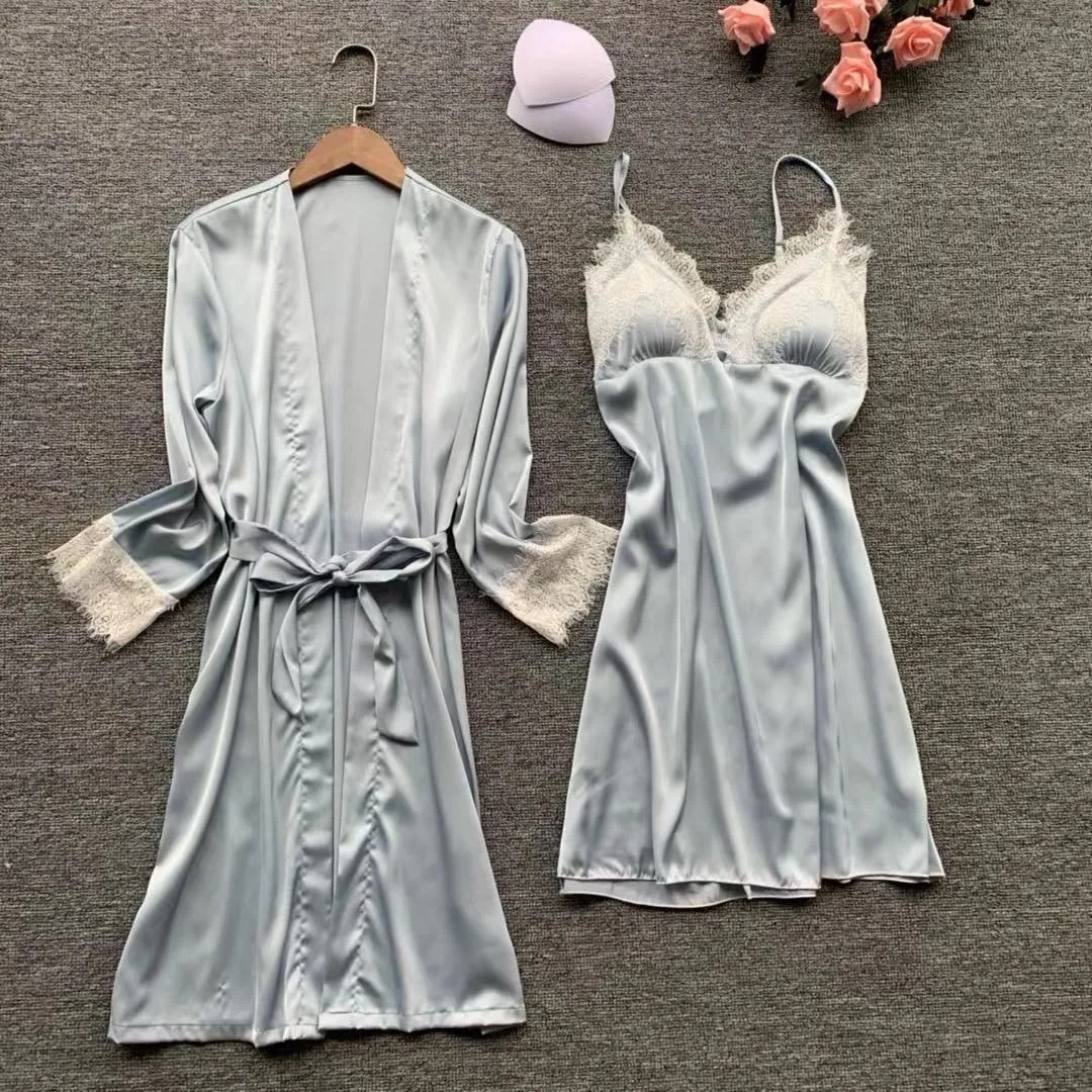 Женская Летняя Сексуальная кружевная ночная рубашка+ халат, комплект-двойка, костюм-халат, Корейская одежда для сна с длинными рукавами
