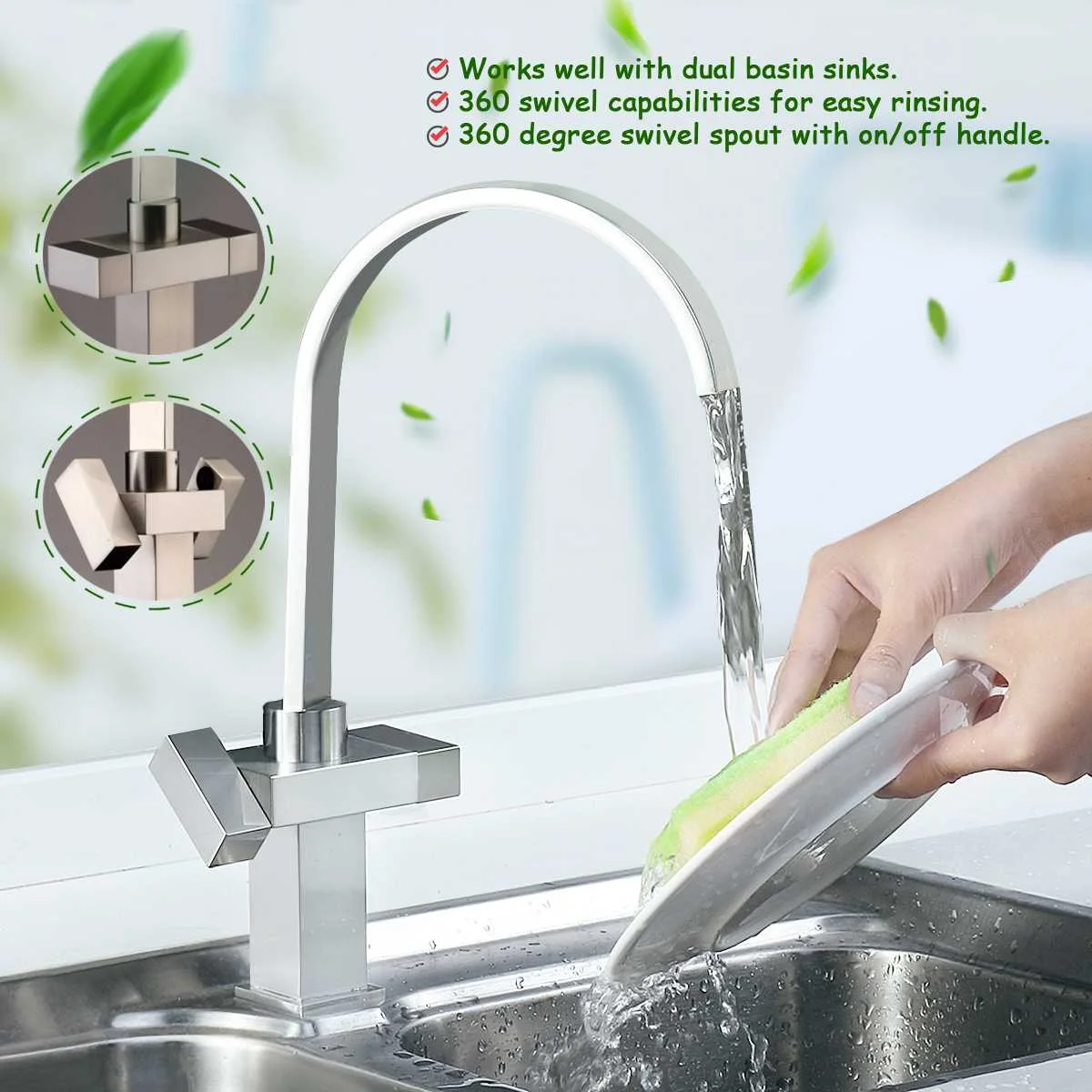 

Xueqin Brushed Steel Square Kitchen Faucets Kitchen Sink 360 Swivel Spout Mixer Cold And Hot Water Tap Double Handle With Tube