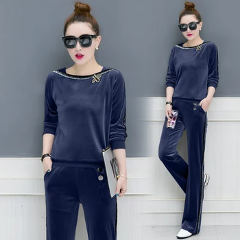 

2019 spring autumn new women's clothing set pleuche fashion leisure suit woman clothes long sleeve top pants fleece casual sets