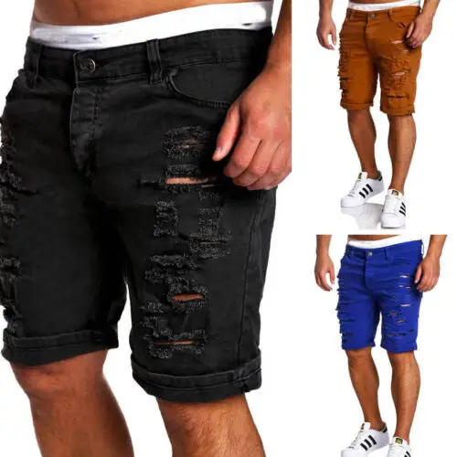Модные мужские Ретро Эластичные Обтягивающие потертые короткие шорты рваные джинсовые мужские повседневные шорты до колена
