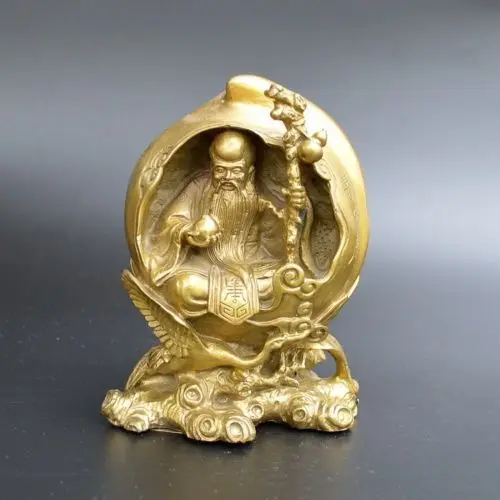 

Chinese Fengshui Copper Longevity God Star Red-crowned Crane Fu Peach Statue