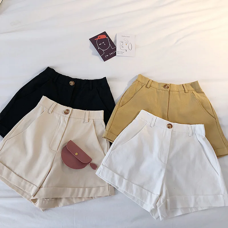 

Solid Color Women Cotton Shorts Khaki White Color Shorts 2019 Summer Women Elastic Waist Bermuda Shorts