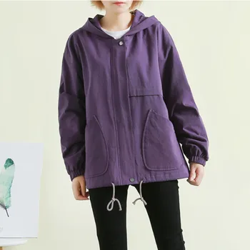 

Autumn Yellow green coffee Black Hooded basic Jacket Student boyfriend style Overcoat Korean Women Spring purple coat DH031