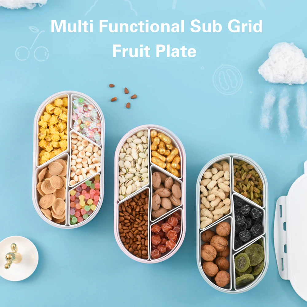 

Fruits Nuts Plate with Lid Seal Detachable Multi Sectional Sub Grid Plastic Tray Candy Snack Dessert Serving Fruit Platter