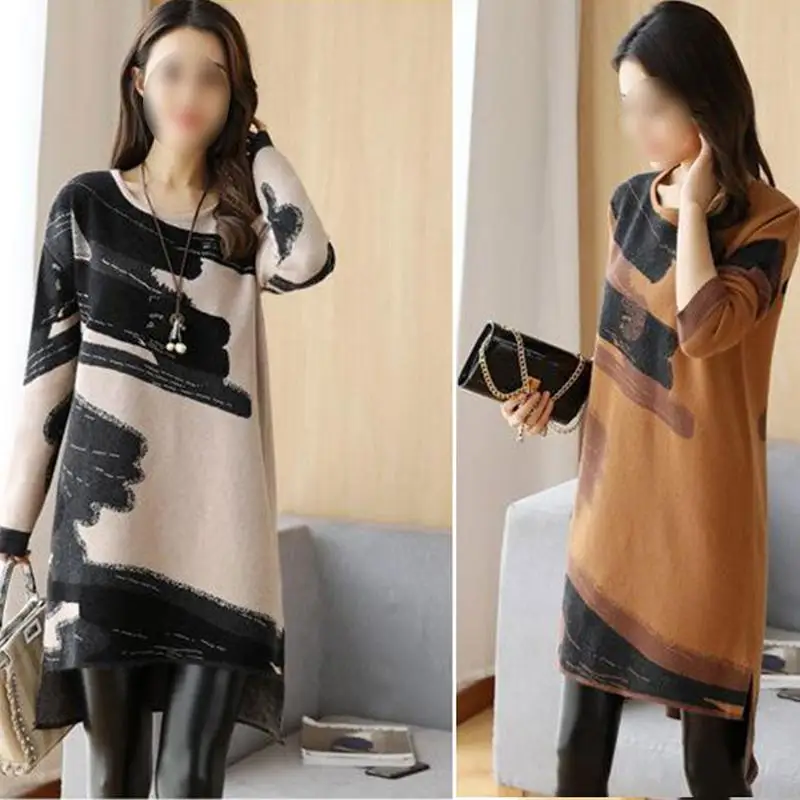 

Women's New Mid-long Dresses Autumn Winter European American Natural Waist Irregular Furry Thickened Printed Long Sleeves Sweet