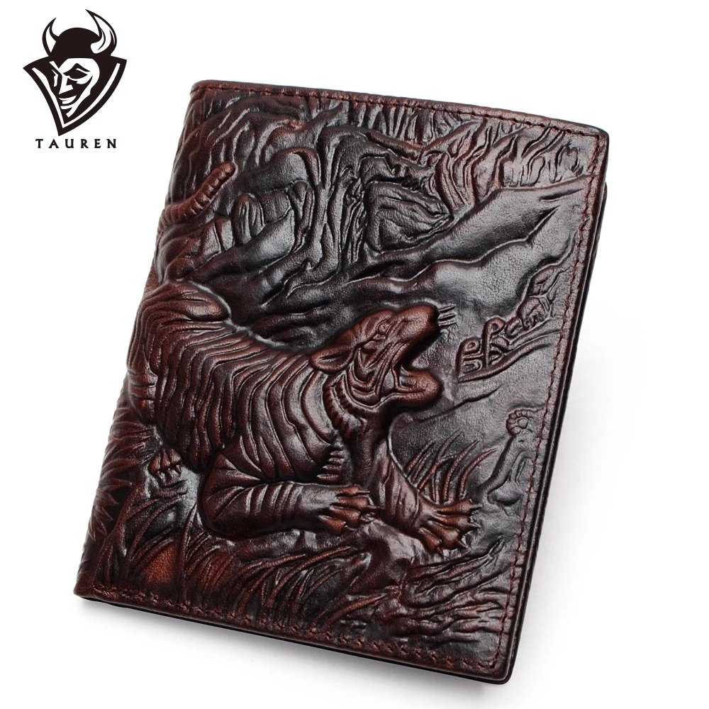 Carteira de Couro Genuíno dos Homens Masculino do Vintage Bolsa de Dinheiro Tigre Padrão Bolsa Masculina Real Qualidade Superior 3d