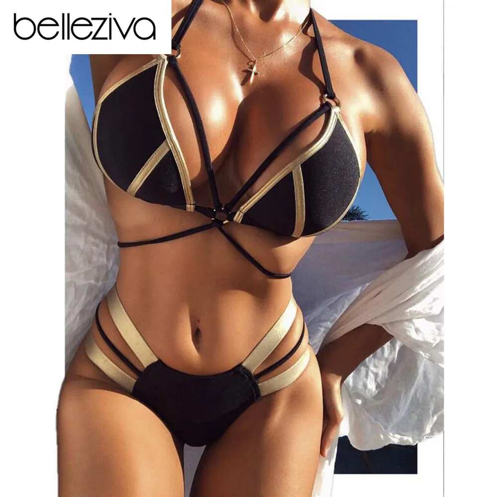 

Belleziva Push Up Bikini Set Women Sexy Gilding Swimsuit Bandage Backless Swimwear Halter Bathing Suit Biquinis Maillot De Bain