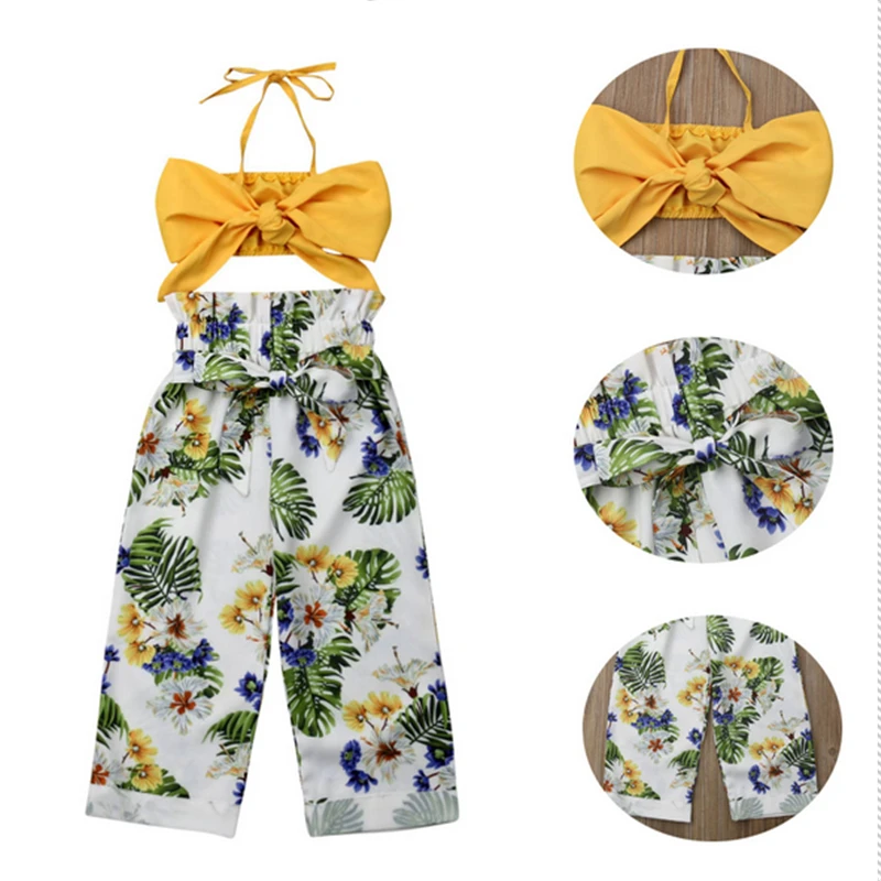 

2019 Toddler Children Kids Baby Girls Clothes Set Summer Sleeveless Bow Crop Tops Floral Pants Costume Clothing Outfits 2PCs