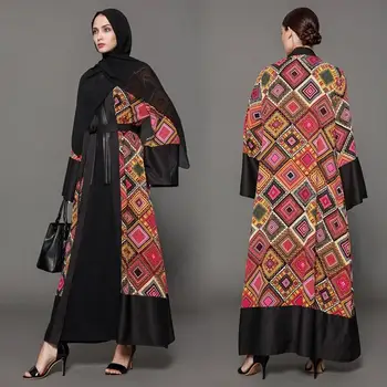 

Dubai Women Open Cardigan Maxi Dress Muslim Abaya Long Kaftan Jilbab Geometry Print Robe Islamic Clothing Ramadan Patchwork Gown