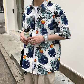 

2019 Summer Men's Fashion Loose Shirt Short Sleeve Cotton White/navy Clothes Beach Hawaiian High-quality Shirt Plus Size S-XL