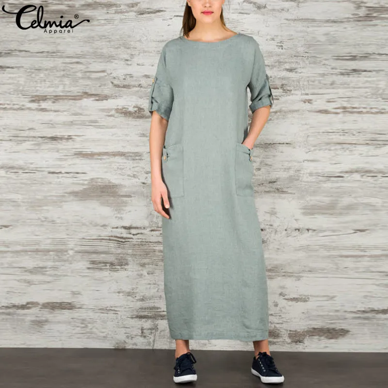 

Celmia 2019 Spring Harajuku Women Long Shirt Dress Casual Loose Solid Maxi Vestidos Mujer Kaftans Plus Size Retro Linen Dresses