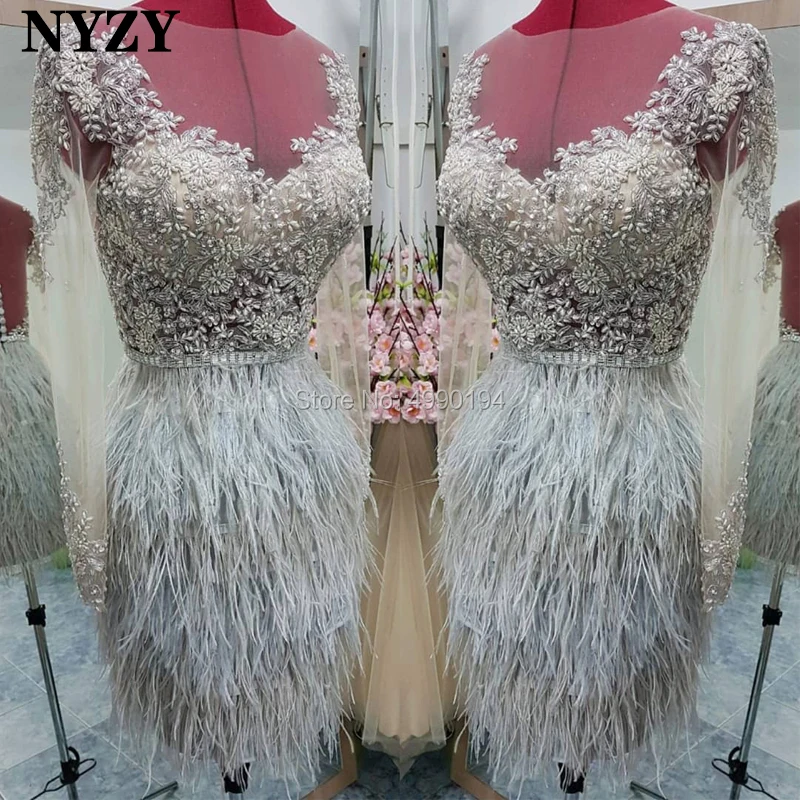 

NYZY C107 Feather Dress Elegant Short Prom Dress 2019 Illusion Long Sleeve Beaded Silver Lace Party Robe vestidos de coctel