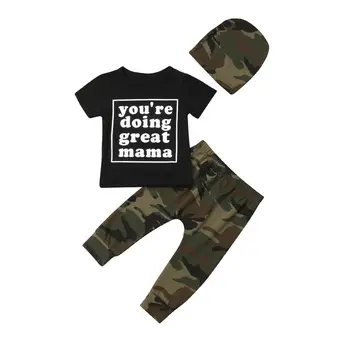 

3PCS Set Infant Toddler Kids Baby Boy Short Sleeve Letter Cotton T-shirt Tops Camouflage Pant Hat Outfits Clothes