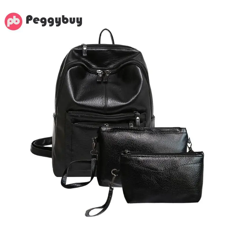 

3 Pcs/set Solid Backpack Women Solid Color Messenger Rusksack Women PU Leather School Bags For Girls Bagpacks Mochila Feminina