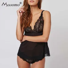 Missomo Women See Through Mesh Lace Patchwork Silk Sleep Dress Spaghetti Strap Backless Black Bra Mini Dress see through mesh lace backless teddy