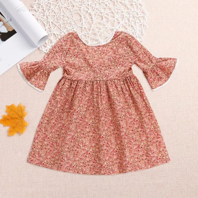 

Cute Kids Girls Clothes Flare Sleeve Floral Print Dress Children Outfits 2018 New Casual Style Fashion Kids Baby Girls Dress