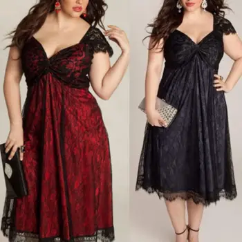

Spring Partner Women Elegant Solid Short Sleeve Ladies Dresses Vintage Lace Swing Skater Party Evening Retro Dress Size 5XL