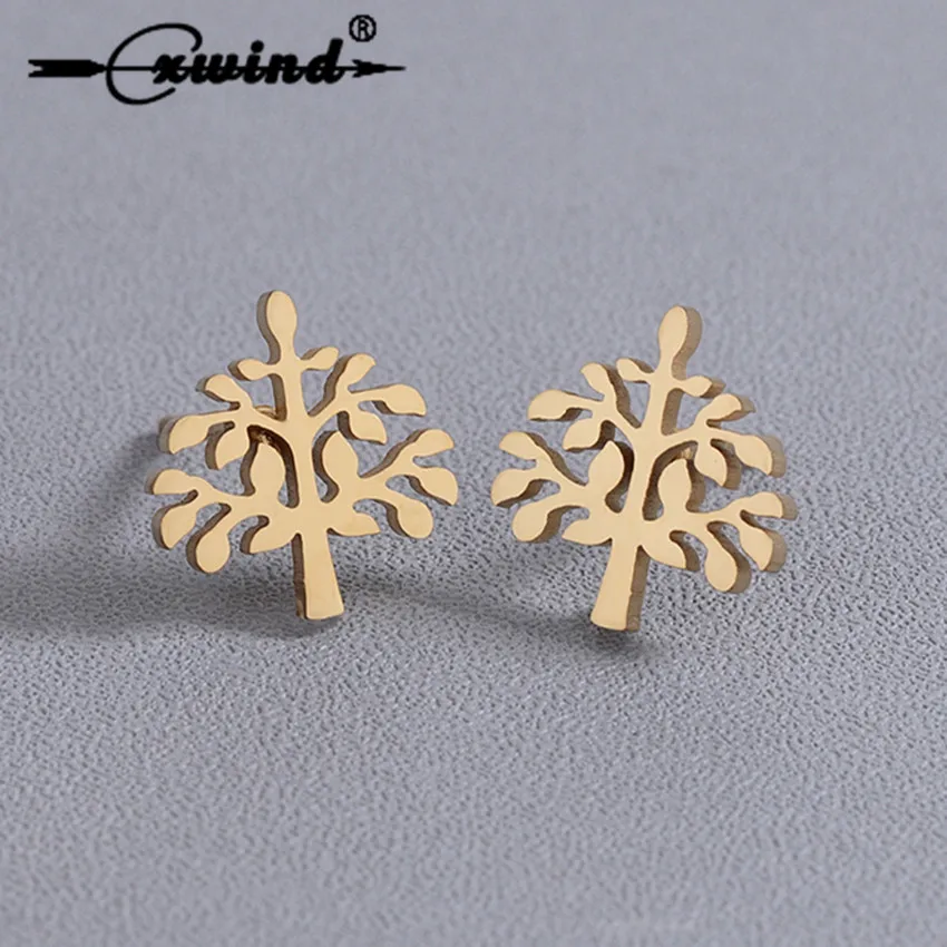 

Cxwind New Gold Color Tree Shape Design Stud Earring Jewelry for Women Stainless Steel Tree Pattern Stud Earrings 2018 Jewelry