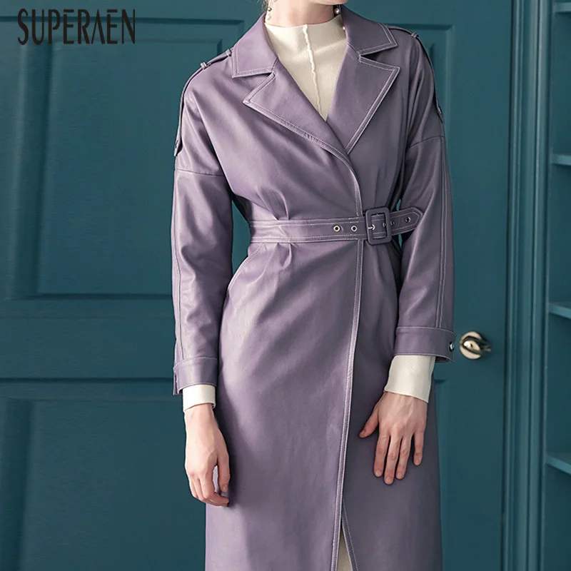 SuperAen одноцветное цвет модные кожаные Тренч для женщин дикий повседневное Осень и весна 2018 Новый рукав «летучая мышь» ветровка женский