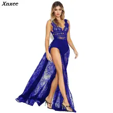 Xnxee Eyelash Sheer Lace Maxi Club Party Dress Women Sexy Plunge V Neck Sleeveless Open Back High Slit Long Dress Vestidos 2019 slit print long flowing wrap plunge dress