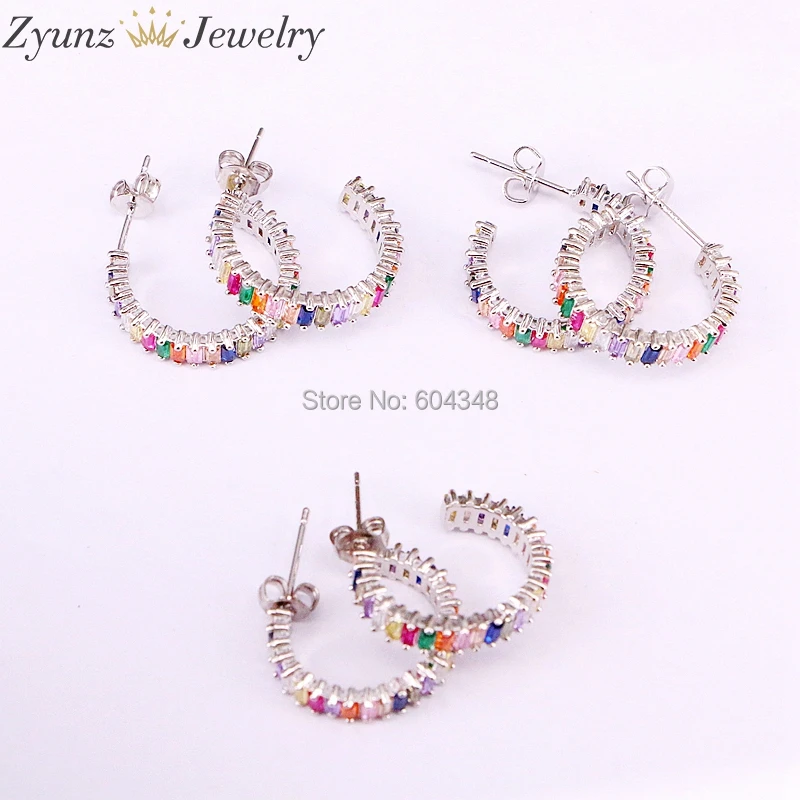 

10Pairs Silver/Gold/Rose color round circle geometric stud earrings rainbow colorful cz paved fashion trendy jewelry for women