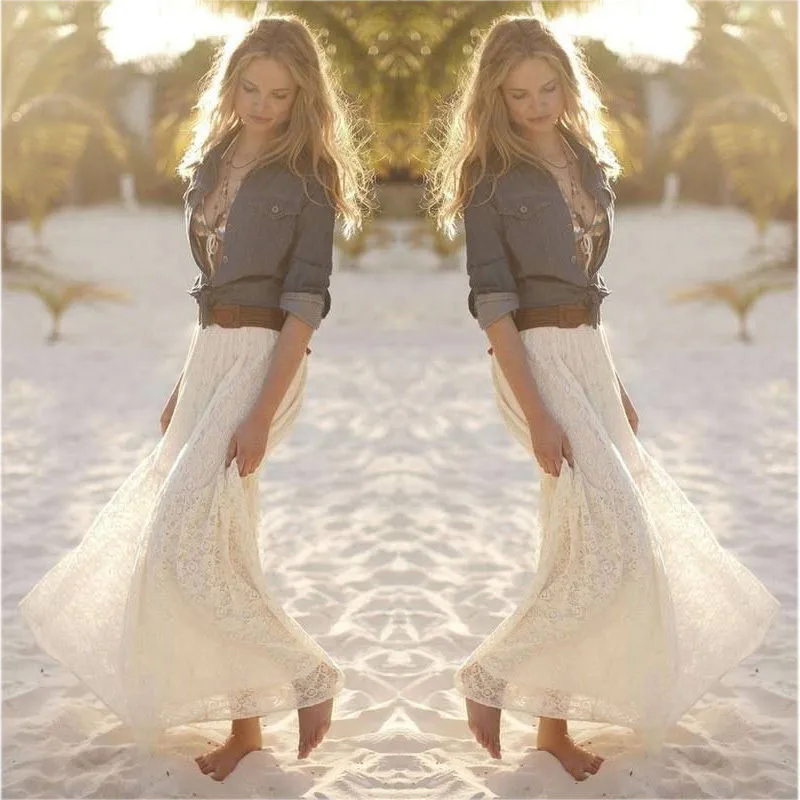 

white cotton long lace skirt Summer Beach Wedding Skirt Retro Wedding Look Pleated Tulle Skirt Female School Maxi Skirt 2019 New