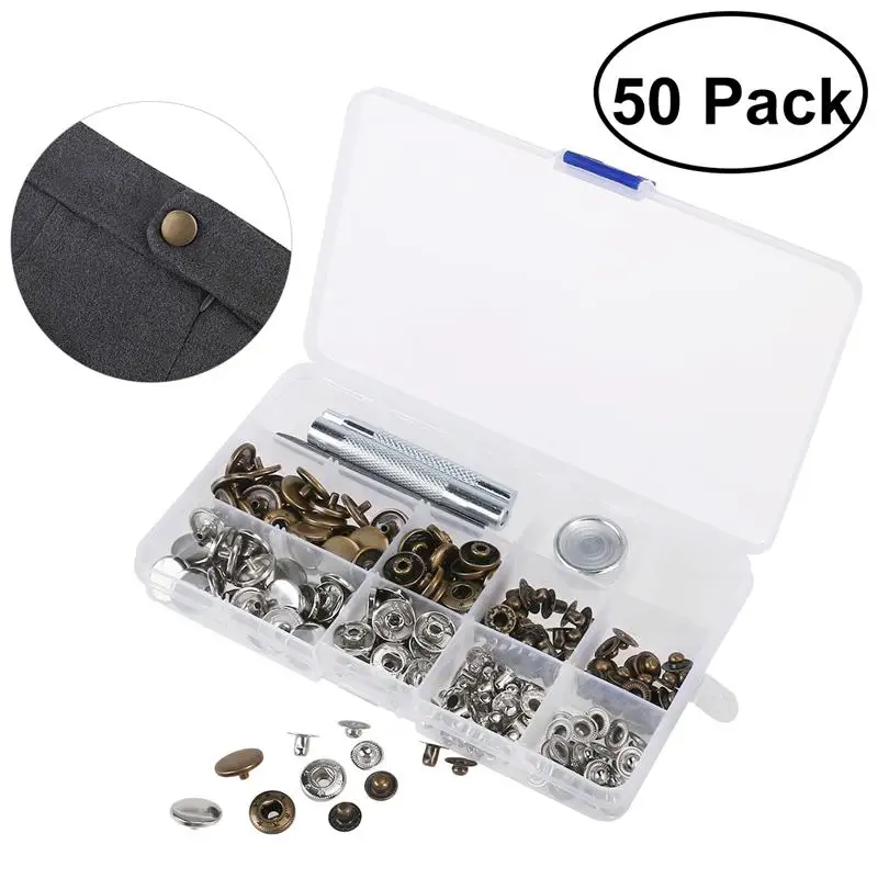 50 Set Metal Snap Buttons Fasteners Studs No Sewing Clothing Snaps Button with Fixing Tool for