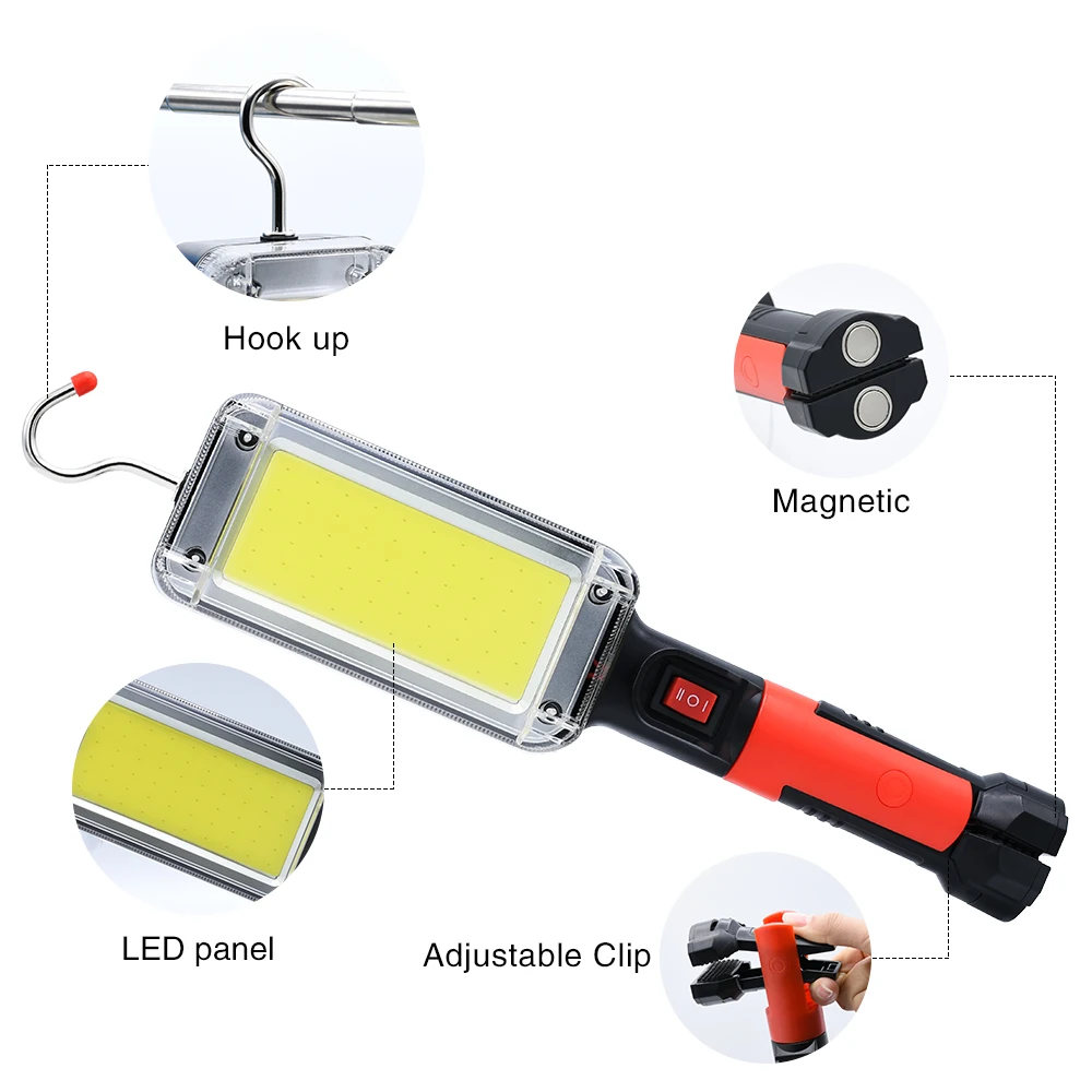 Led travail lumière cob projecteur 8000LM lampe rechargeable utiliser 2*18650 batterie led portable lumière magnétique crochet pince étanche