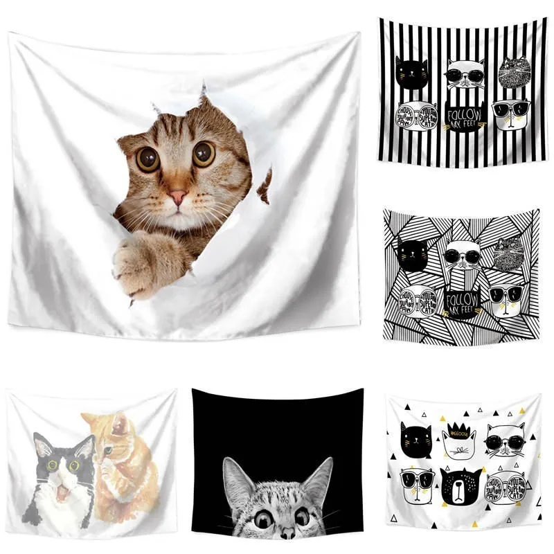 

110*130cm Cute Cat Fish Printed Wall Cloth Tapestry Polyester Hanging Wall Carpet Decorative Tablecloth Blanket Home Decor 60008