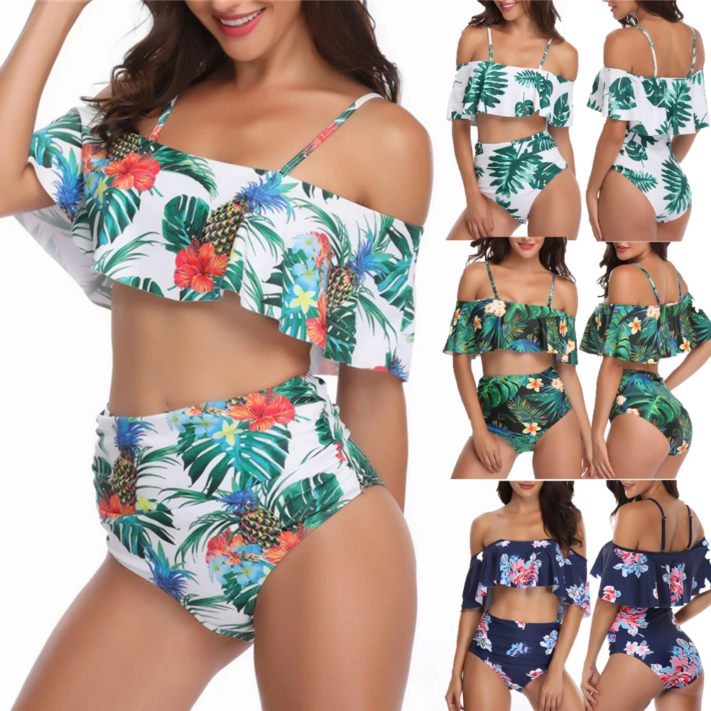 

Summer Holiday Padded Bra Off Shoulder Ruffle Bikini Set Swimsuit Women High Waist Bandage Push-up Swimwear