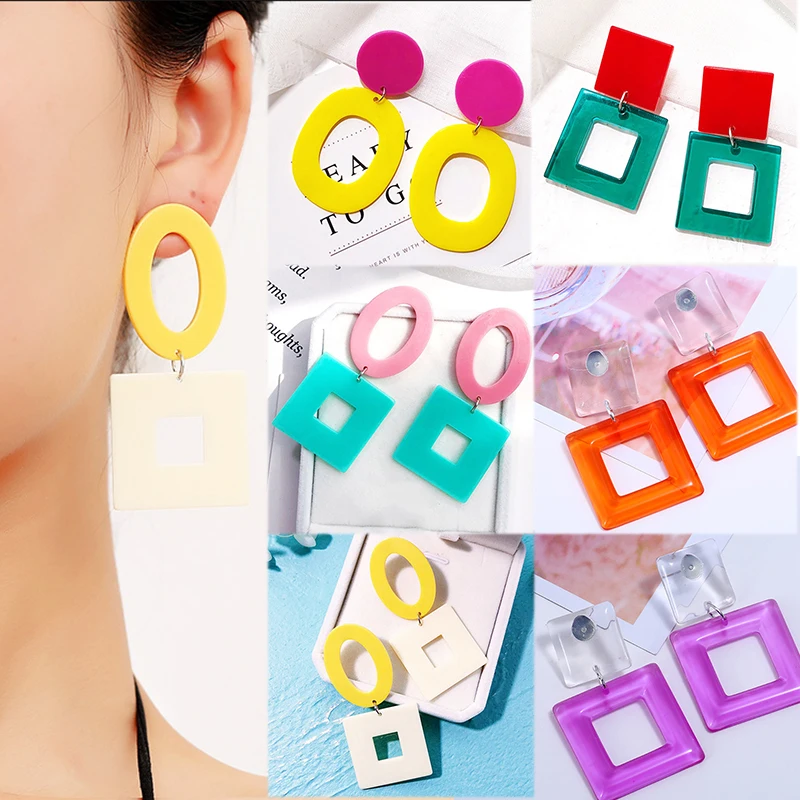 

Exquesite Dangle Acrylic Long Hollow Contrast color Geometric Square 1Pair Plastic Big Candy Color Drop Earrings Women Round