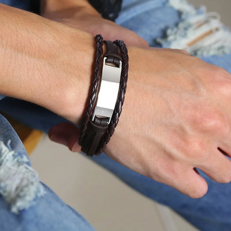 Vnox Free ID Tag Triple Layers Leather Bracelets for Men Stainless Steel Bar Engrave Name Inspiration Pulseira