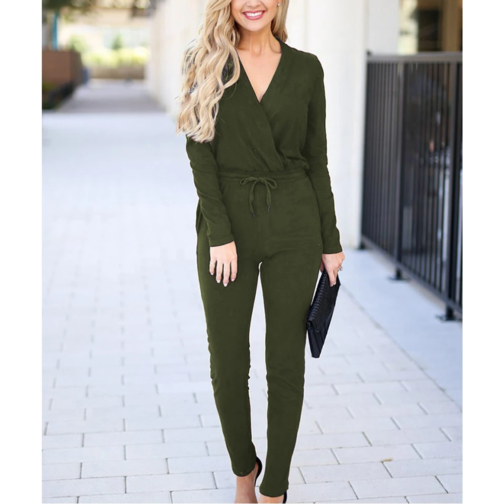 Women Work Wear Romper Jumpsuit V Neck Long Sleeve Sashes Jumpsuits