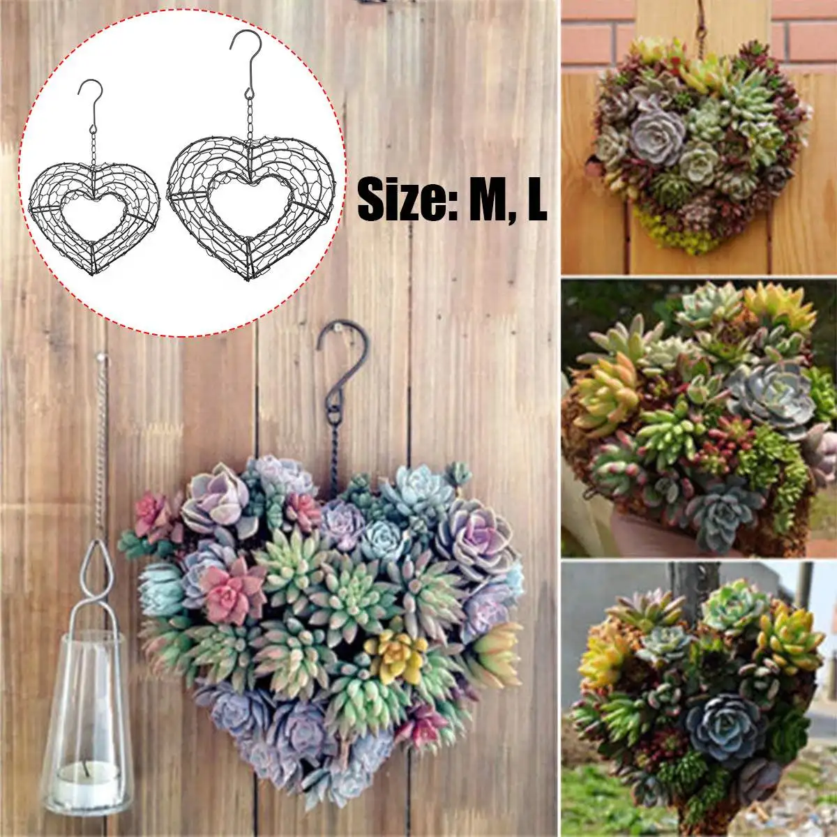 

1PCS Decor Holder Pot Basket for Succulent Plants Romantic Iron Hanging Succulent Heart Shape Wreath Frame Metal Planter Holder