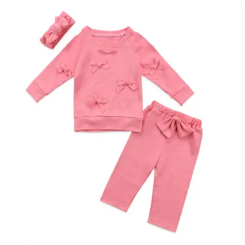

Bow-knot Style 3 Pcs Little Girls Summer Solid Clothing Set Kids Outfits Children Long Sleeve Tops+Long Pant+Headband Clothes