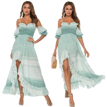 

Sexy Women Spaghetti Strap Cold Short Sleeve Summer Dress Beach Evening Party Hoilday Sundress Off Shoulder Ruffle Side Fashion