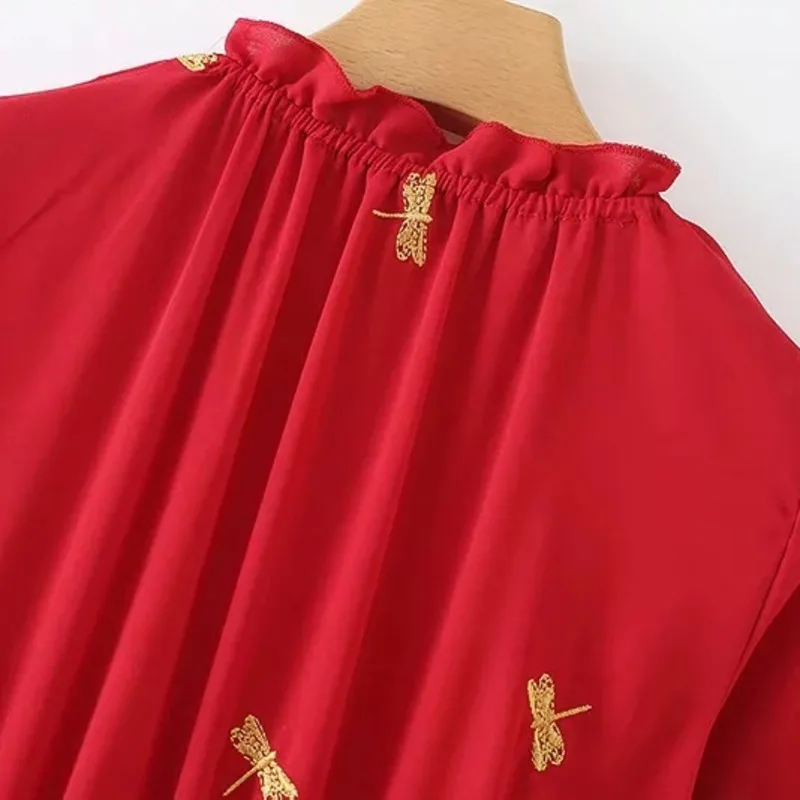 LANMREM Женская мода весна лето пуловер вышивка Стрекоза плиссированные оборки лоскутное платье женская одежда TB30303