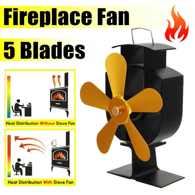 

5 Blade Gold Fireplace Heat Powered Stove Fan komin Log Wood Burner Friendly Quiet Eco Fan Home Efficient Heat Distribution
