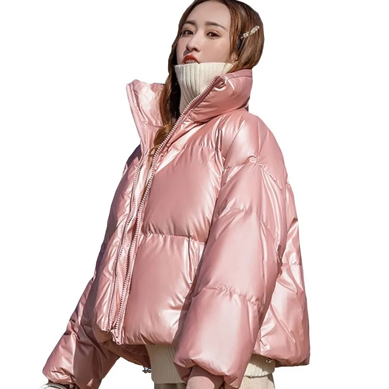 Зимняя блестящая короткая Базовая Женская куртка с воротником-стойкой Новое модное легкое и тонкое пальто из белого утиного пера для женщин HJ129