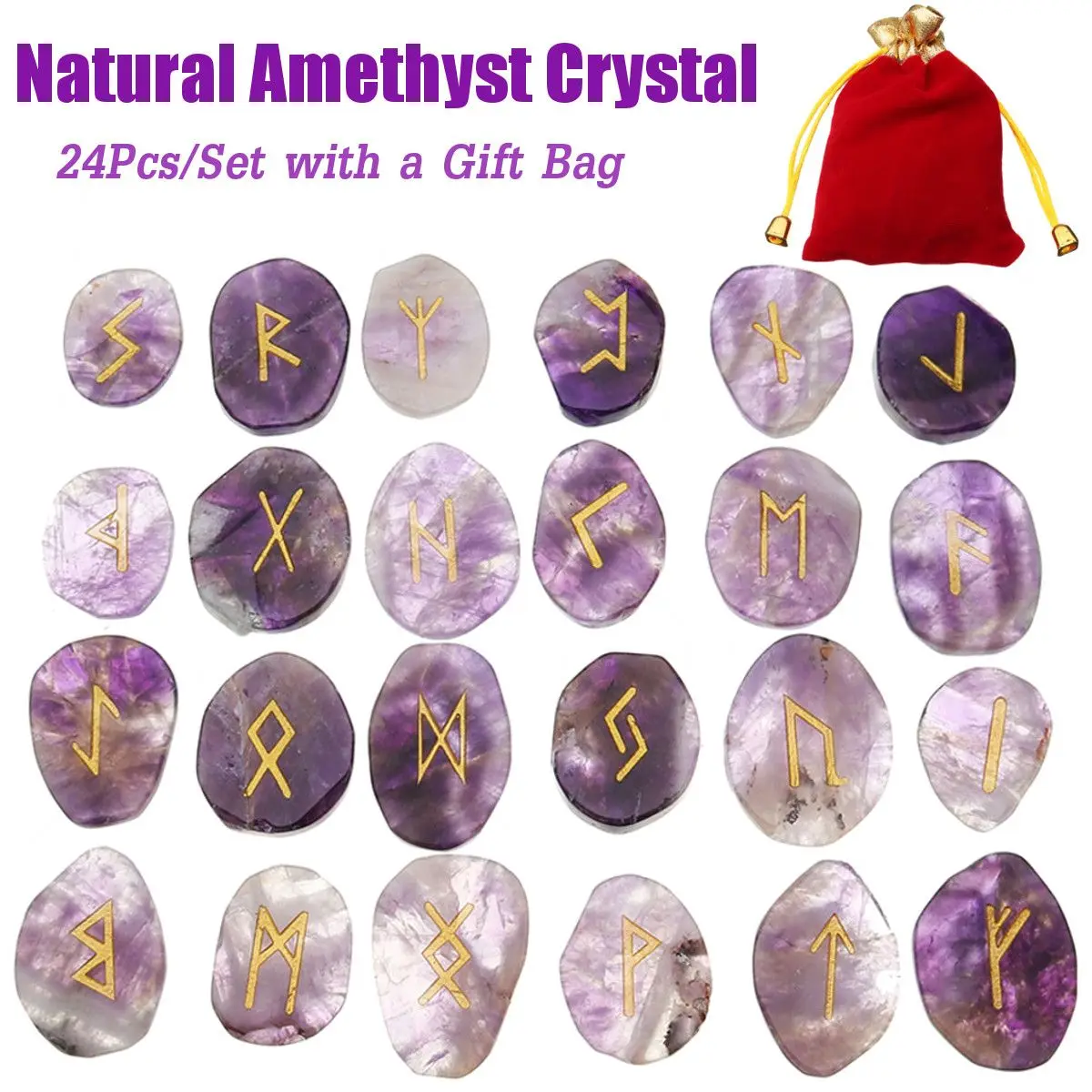 

13/24/25pcs Natural Engraved Chakra Amethyst Rune Stones Set Gemstones Craft Feng Shui Decoration Set with Velvet Bag
