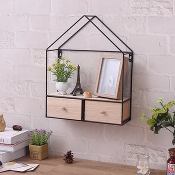 

1pc Triangular Wrought Iron Hanging Storage Rack Cabinet Wall-Mounted Double Drawers Rack Organizer For Office Home Living Room