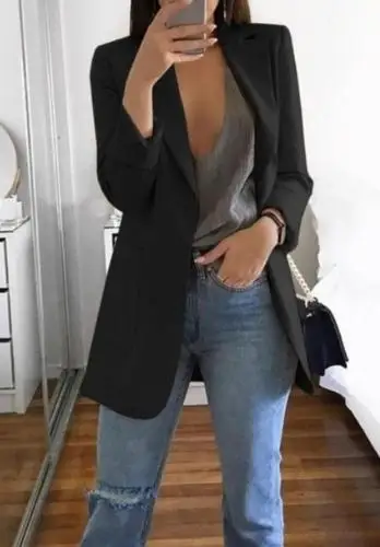 Модный винтажный Женский приталенный однобортный Повседневный Блейзер OL с длинным рукавом, однотонный шикарный пиджак, верхняя одежда
